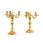 A pair of Louis XV gilt-bronze candlesticks with assorted three-light bouquets, circa 1750 | Paire de flambeaux et bouquets de trois lumières assortis en bronze doré, d'époque Louis XV, vers 1750