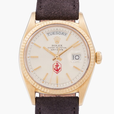 View full screen - View 1 of Lot 346. Day-Date, Reference 1803 | A yellow gold wristwatch with day and date made for the United States Merchant Marines | Circa 1971.