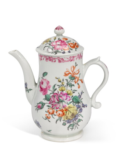 View full screen - View 1 of Lot 260. A Worcester Coffee Pot and Cover and a Coffee Cup, and a Longton Hall Coffee Cup, Circa 1755-58.