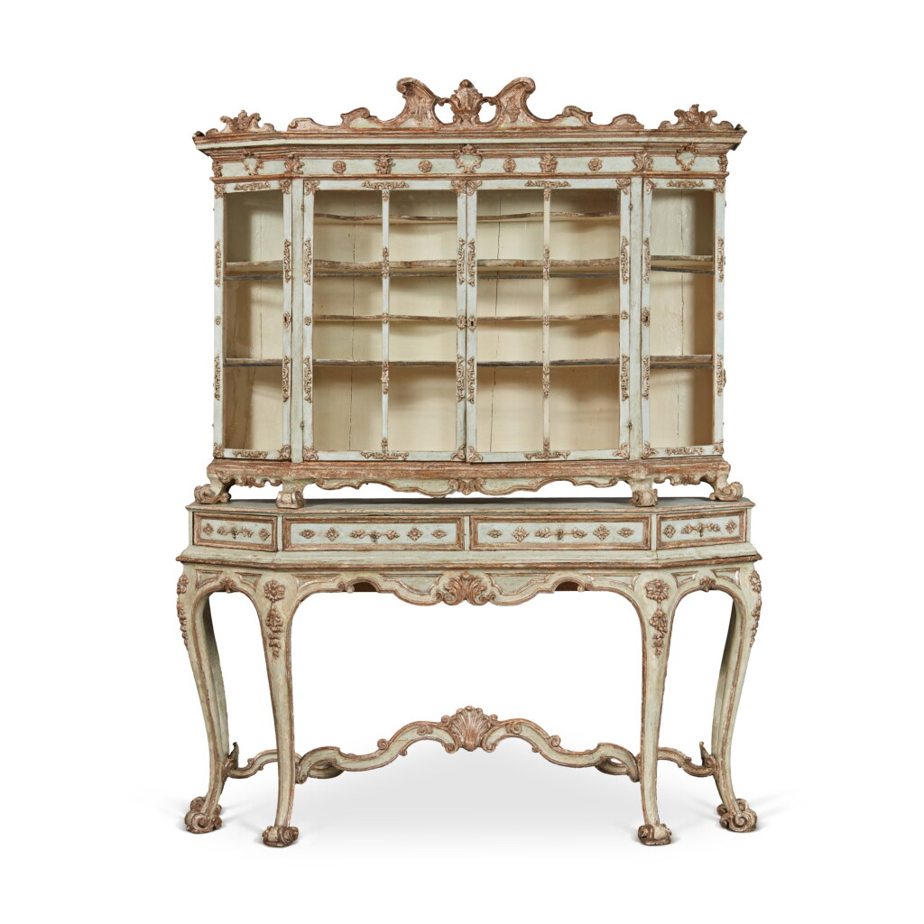 View full screen - View 1 of Lot 169. A Southern Italian Rococo Blue Painted and Mecca Gilt Display Cabinet on Stand, part 18th Century.