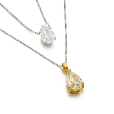 View full screen - View 1 of Lot 42. Pair of coloured diamond and diamond pendants.