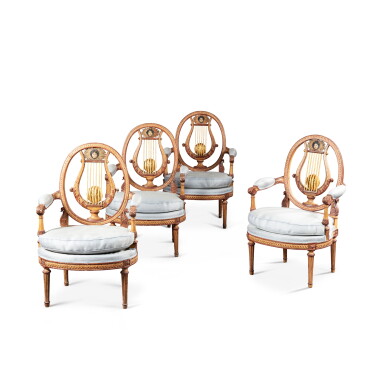 View full screen - View 1 of Lot 313. A set of four partly Louis XVI relacquered armchairs, circa 1780, stamped by Jean-Baptiste Claudé Sené | Suite de quatre fauteuils en bois relaqué en partie d'époque Louis XVI, vers 1780, estampille de Jean-Baptiste Claude Sené.