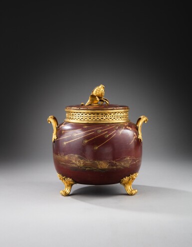 View full screen - View 1 of Lot 143. A late Louis XV gilt-bronze mounted red lacquer covered pot-pourri, circa 1760 | Pot-pourri en laque de Chine et monture de bronze doré de la fin de l'époque Louis XV, vers 1760.