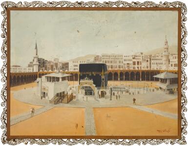 View full screen - View 1 of Lot 102. A view of the Ka’ba, by Tawfik Tarek (1875-1940), dated 1326 AH/1908-9 AD.
