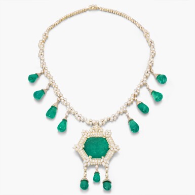 View full screen - View 1 of Lot 523. Emerald and Diamond Pendent Necklace.