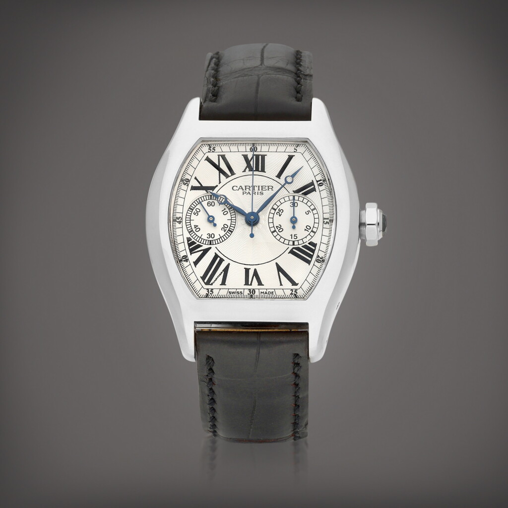 View full screen - View 1 of Lot 2135. Tortue Monopoussoir 'CPCP', Reference 2714 A white gold single-button chronograph wristwatch, Circa 2005 | 卡地亞 | Tortue Monopoussoir 'CPCP' 型號2714 白金單按鈕計時腕錶,約2005年製.