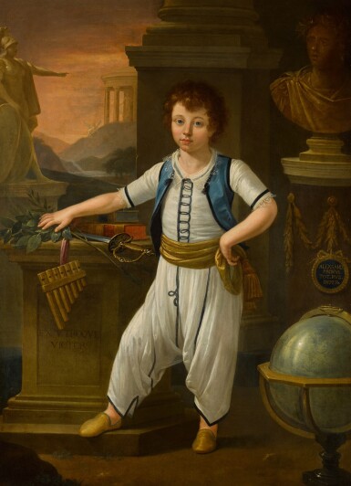 View full screen - View 1 of Lot 212. Portrait of a Greek boy, full-length, in a classical setting.