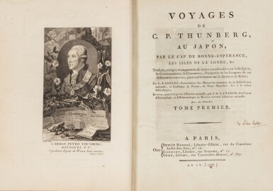 View full screen - View 1 of Lot 160. Voyages au Japon, par le Cap de Bonne-Esperance, les iles de la Sonde, etc. Paris, 1796. 2 volumes in-4. Demi-reliure de l'époque. Première édition française d'une des plus importantes relations de voyage au Japon. .