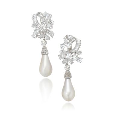 View full screen - View 1 of Lot 605. Fine pair of natural pearl and diamond pendent ear clips, circa 1960.