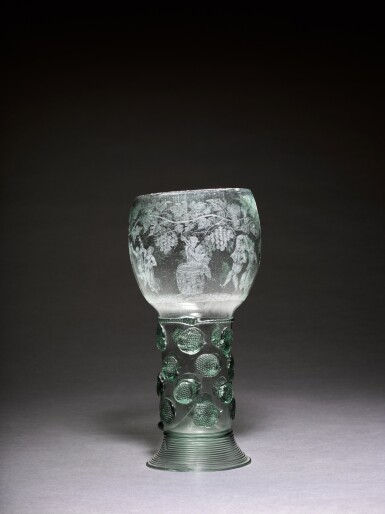 View full screen - View 1 of Lot 61. A Dutch diamond-point engraved green glass roemer, circa 1680.