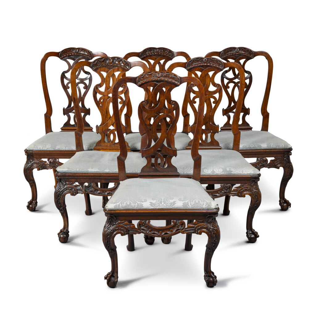 View full screen - View 1 of Lot 44. A set of six George II carved mahogany side chairs, probably Lancashire, third quarter 18th century, possibly by Robert Gillow & Son.