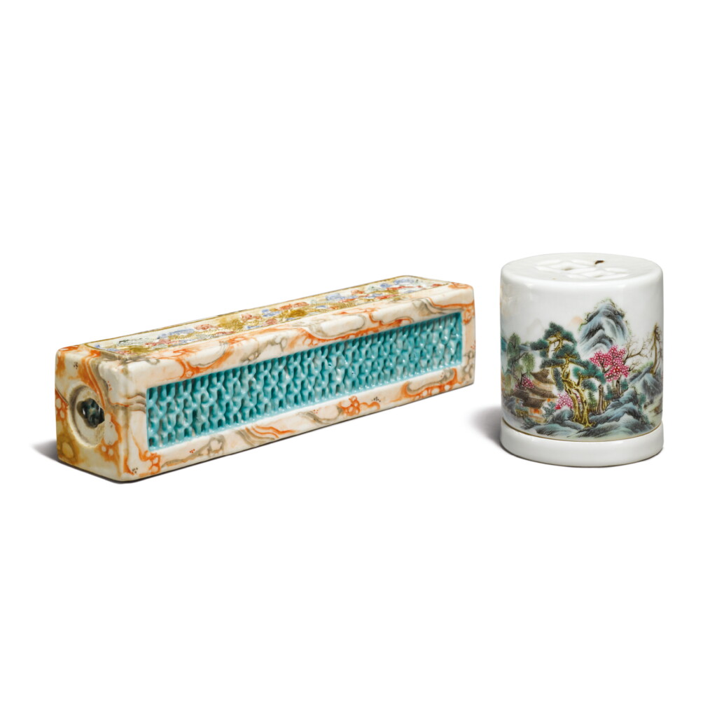 View full screen - View 1 of Lot 1013. AN OPENWORK FAMILLE-ROSE 'DRAGON' PARFUMIER AND A FAMILLE-ROSE 'LANDSCAPE' PARFUMIER, QING DYNASTY, 19TH CENTURY - REPUBLIC PERIOD.