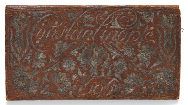 View full screen - View 1 of Lot 138. A SILVER-THREAD EMBROIDERED LEATHER WALLET, TURKEY, CONSTANTINOPLE, DATED 1696.
