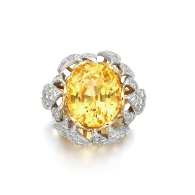 View full screen - View 1 of Lot 434. Yellow Sapphire and Diamond Ring | Schlumberger for Tiffany & Co.| 黃色剛玉 配鑽石戒指.