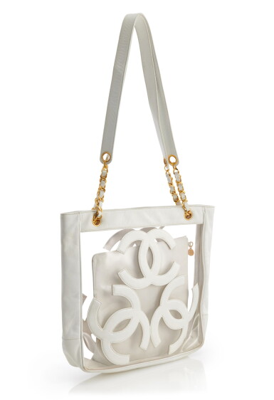 View full screen - View 1 of Lot 33. CHANEL | WHITE LEATHER AND VINYL TOTE BAG .