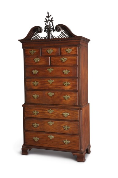 View full screen - View 1 of Lot 34. The Important Stratton-Carpenter-Wheeler Family Chippendale Carved and Figured Mahogany Chest-on-Chest, cabinetwork attributed to John Folwell (w. 1762-1780); carving attributed to James Reynolds (w. 1766-1794), Philadelphia, Pennsylvania, circa 1770.