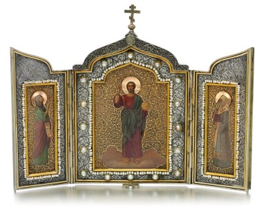 View full screen - View 1 of Lot 212. A parcel-gilt gold, silver and pearl-set triptych icon, Olovyanishnikov and Sons, Moscow, 1908-1917.