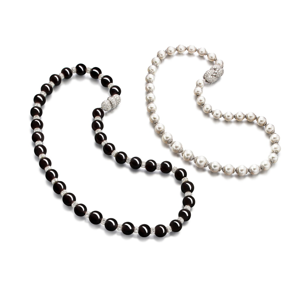 View full screen - View 1 of Lot 1975. Onyx and Diamond Necklace and Cultured Pearl and Diamond Necklace | 縞瑪瑙 配 鑽石 項鏈 及 養殖珍珠 配 鑽石 項鏈.