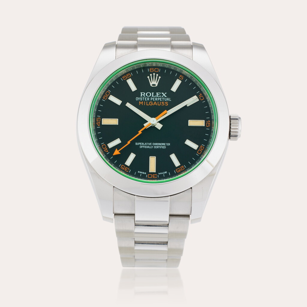 View full screen - View 1 of Lot 613. Reference 116400GV Milgauss | A stainless steel automatic wristwatch with bracelet and green sapphire crystal, Circa 2019.