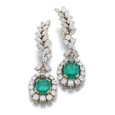 View full screen - View 1 of Lot 538. PAIR OF EMERALD AND DIAMOND EARRINGS.