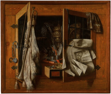 View full screen - View 1 of Lot 155. A trompe-l’œil still life of a half-open cupboard with gilded vessels, writing implements, a recorder, gold coins, a trumpet and drawings, in a painted frame.