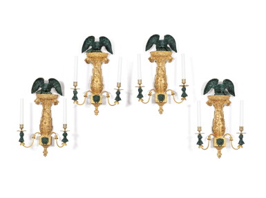 View full screen - View 1 of Lot 92. A suite of four patinated and gilt-wood wall appliques, one Regency Period, the others later | Suite de quatre appliques en bois doré et patiné dont une d'époque Regency, les autres d'époque postérieure .