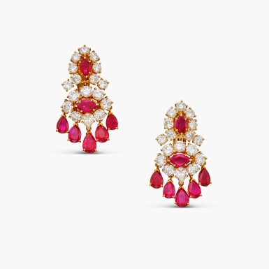 View full screen - View 1 of Lot 70. Pair of Ruby and Diamond Pendant-Earclips .
