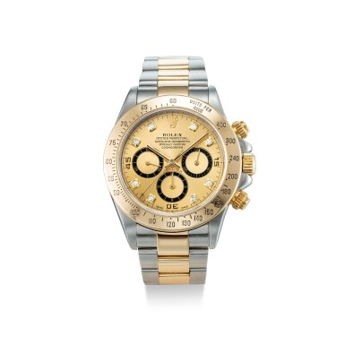 View full screen - View 1 of Lot 102. ROLEX | COSMOGRAPH DAYTONA "INVERTED 6", REFERENCE 16523, A YELLOW GOLD AND STAINLESS STEEL DIAMOND-SET CHRONOGRAPH WRISTWATCH WITH BRACELET, CIRCA 1999.