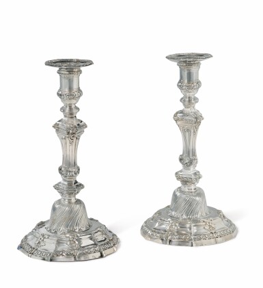 View full screen - View 1 of Lot 110. A PAIR OF LOUIS XV SILVER CANDLESTICKS, PIERRE-NICOLAS SOMMÉ, PARIS, 1762.