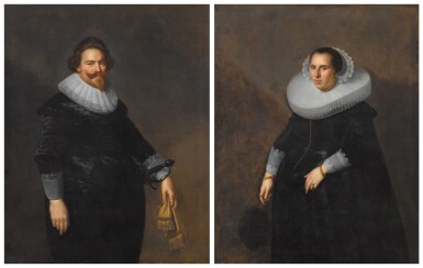 View full screen - View 1 of Lot 70. Portrait of Ernst van Reede (d. 1640), Lord of De Vuursche and Drakestein, three-quarter length, wearing black and holding gloves and a sabel; Portrait of his wife, Elisabeth van Utenhove (d. 1637), three-quarter length, wearing black and holding a fan.