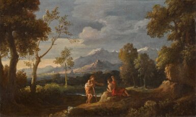 View full screen - View 1 of Lot 43. Classical landscape with two figures conversing in the foreground.
