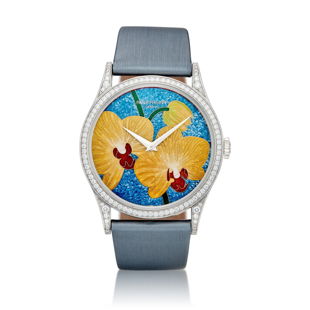 View full screen - View 1 of Lot 8002. Reference 5077 | A platinum and diamond-set wristwatch with cloisonné enamel dial, Circa 2012 | 百達翡麗 | 型號5077 | 鉑金鑲鑽石腕錶,備掐絲琺瑯錶盤,約2012年製.