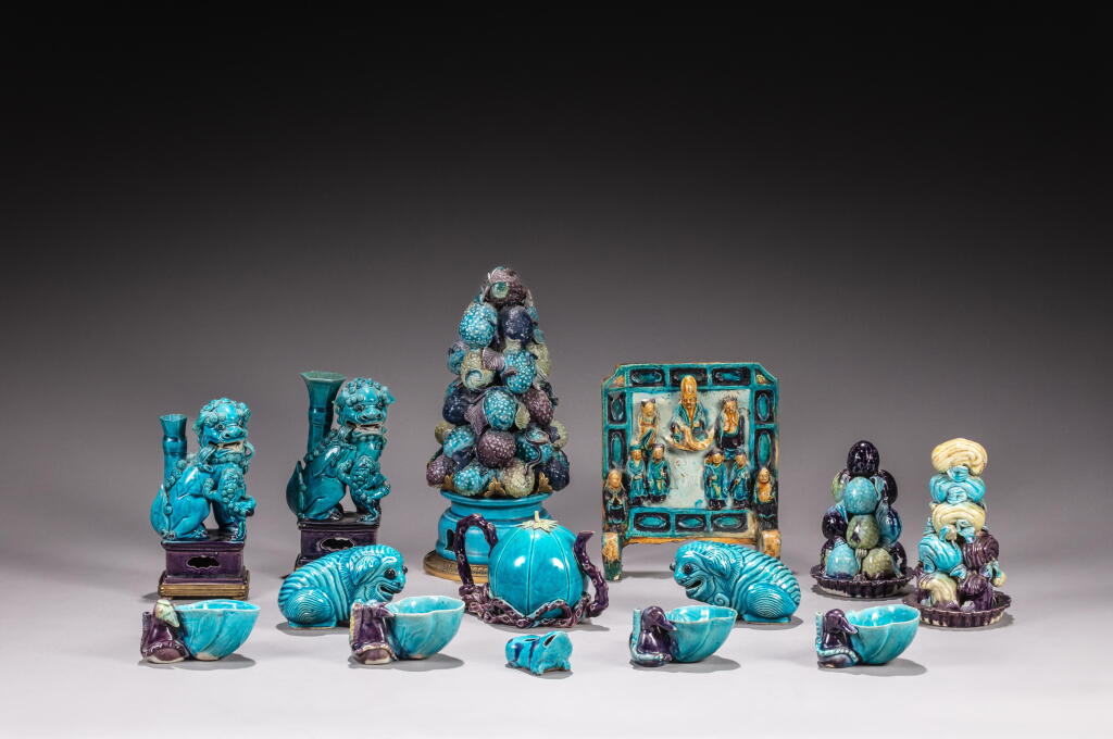 View full screen - View 1 of Lot 162. A group of fourteen turquoise and aubergine-glazed, Qing dynasty, 17th - 18th century.