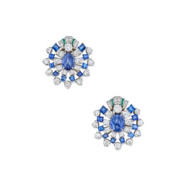 View full screen - View 1 of Lot 197. A Pair of Sapphire, Diamond and Emerald Clip-Brooches.