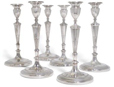 View full screen - View 1 of Lot 72. A SET OF SIX GEORGE III SILVER TABLE CANDLESTICKS, JOHN PARSONS & CO., SHEFFIELD, 1791.