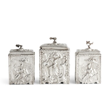 View full screen - View 1 of Lot 307. A George II Silver Chinoiserie Tea Caddy Set, William Tuite, London, 1758.