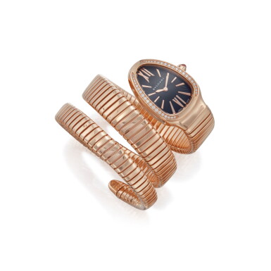 View full screen - View 1 of Lot 160. PINK GOLD, DIAMOND AND TOURMALINE 'SERPENTI' BRACELET-WATCH, BULGARI.