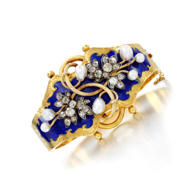 View full screen - View 1 of Lot 87. Enamel, natural pearl and diamond bangle, circa 1860s.