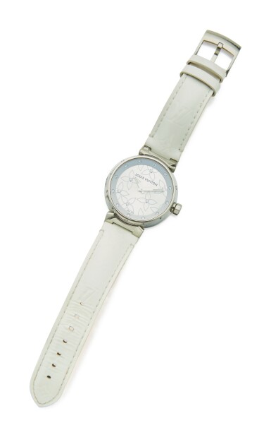 View full screen - View 1 of Lot 79. STEEL AND DIAMOND 'TAMBOUR BIJOU' WRISTWATCH, LOUIS VUITTON.