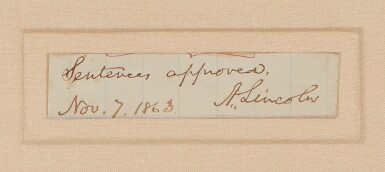 View full screen - View 1 of Lot 89. Lincoln, Abraham. Endorsement signed as 16th president, evidently clipped from a request for leniency in a military case.