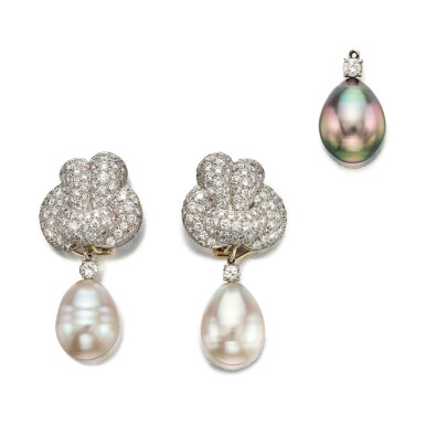 View full screen - View 1 of Lot 10. Pair of Diamond and Cultured Pearl Pendant-Earclips.