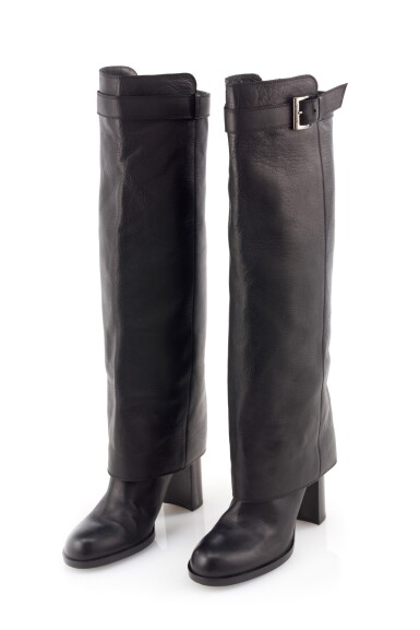 View full screen - View 1 of Lot 51. PAIR OF BLACK LEATHER KNEE-HIGH HEEL BOOTS, CHANEL.