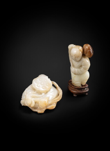 View full screen - View 1 of Lot 178. A Ming-style celadon jade ‘boy and lotus’ and a jade ‘lotus pod and cicada’ Probably Qing dynasty | 或為清 青白玉雕把件一組兩件.