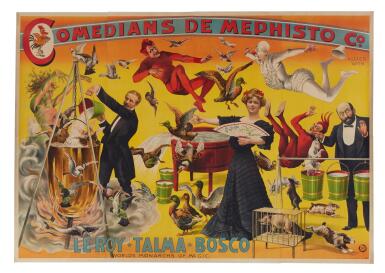 View full screen - View 1 of Lot 184. Comedians De Mephisto Co. | A superb oversize poster for the Worlds Monarchs of Magic.