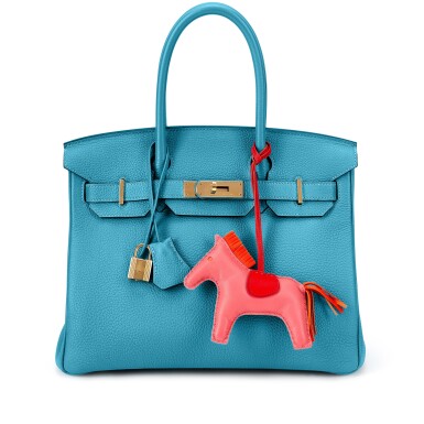 View full screen - View 1 of Lot 5498. Turquoise Togo Birkin 30 Gold Hardware, 2014 and Rodeo Charm MM.
