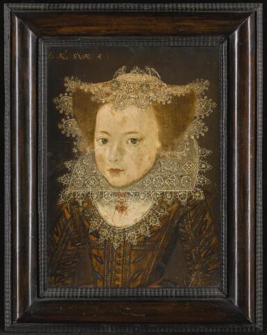 View full screen - View 1 of Lot 104. CIRCLE OF ROBERT PEAKE | Portrait of a girl, half-length, in a lace cap and ruff.