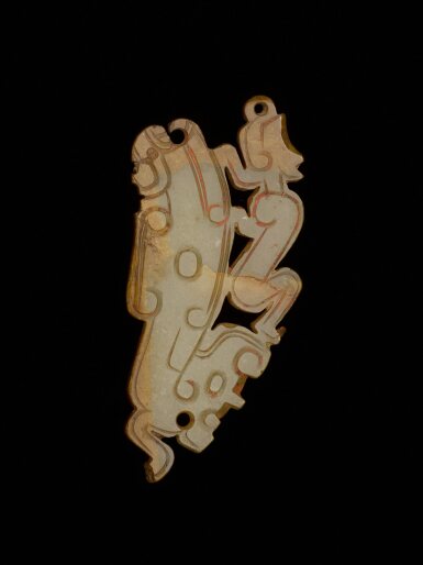 View full screen - View 1 of Lot 123. A jade 'figure and dragon' plaque, Western Zhou dynasty, 10th century BC | 西周 公元前十世紀 玉人龍紋珮.