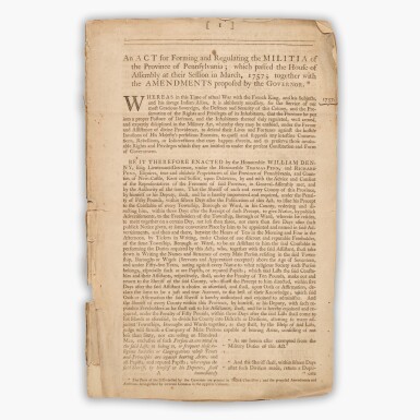 View full screen - View 1 of Lot 77. Pennsylvania General Assembly | A French and Indian War–era Pennsylvania Militia law, printed by Franklin and Hall.