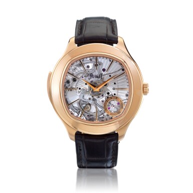 View full screen - View 1 of Lot 94. Reference G0A38019 Emperardor Coussin, An ultra thin pink gold skeletonized minute repeating wristwatch, Circa 2014 伯爵 G0A38019 型號 Emperardor Coussin 超薄粉紅金鏤空三問腕錶,約2014年製.