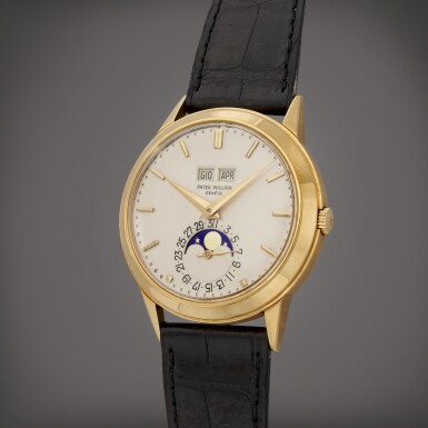 View full screen - View 1 of Lot 79. Reference 3448 A yellow gold perpetual calendar wristwatch with moon phases Circa 1971.